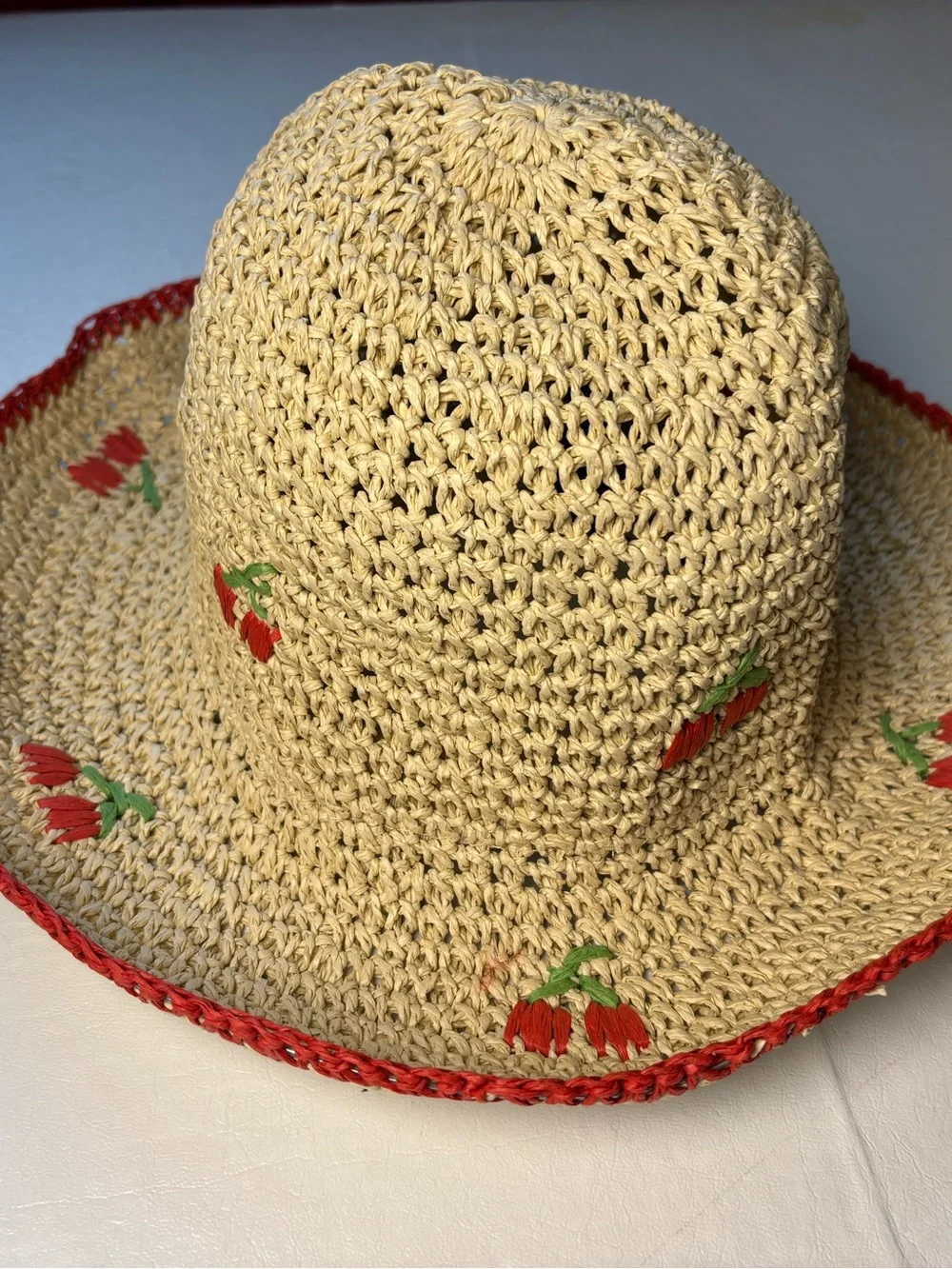 Cherry and red straw bucket hat NWOT